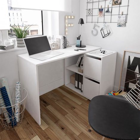 Mobimarket – Bureau d'angle modulable SMART avec rangement 120x77x74cm – Blanc – Optimise les petits espaces – Élégant et moderne (1/10)