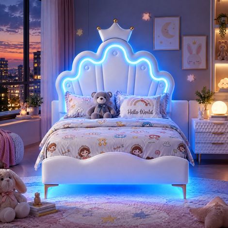 JOOKGBD–Lit pour Enfant 90x190 cm,Lit Capitonné,Lit en Forme de Couronne,Lit de Princesse,Éclairage LED en Tête et Sous le Lit,Sommier à Lattes,PU,Blanc