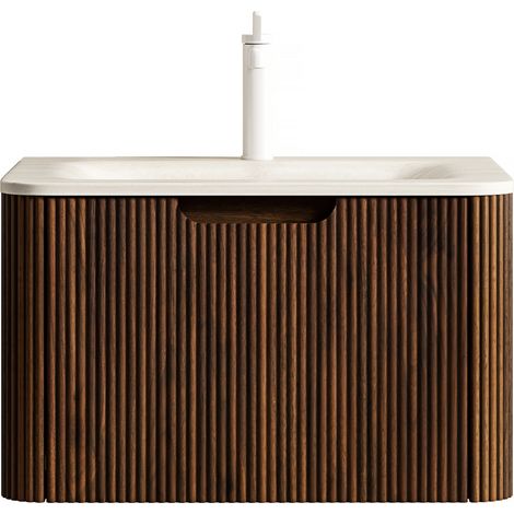 Meuble lavabo mural 60 cm pierre frittée Roma Travertin tiroir contreplaqué noyer préassemblé (1/5)
