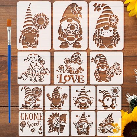 14 Pièces Pochoirs de Gnomes avec Pinceau 3 Tailles Pochoirs de Motif de Gnomes avec Tournesols Pochoir Gnome Sweet Gabarit de Thème Gnome Plastique pour Peinture sur Bois Mur Meuble DIY (1/5)