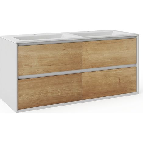 Mobile per bagno sospeso con lavabo da incasso 120 cm Naturale chiaro e Bianco - LANNICK