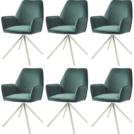 Juego de 6 sillas de comedor HHG-851, silla de cocina con reposabrazos, giratoria con posición automática, terciopelo MVG, verde, acero inoxidable