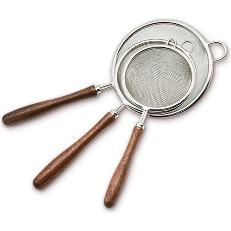 Set di filtri in schiuma, filtro da cucina in acciaio inox a 3 pezzi con manico in legno, setaccio in acciaio inox 304 per tè, olio di riso, pasta, frutta e verdura, 3 pezzi (1/5)