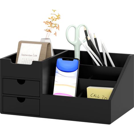 Organisateur de bureau 7 compartiments 2 tiroirs bambou verni noir - Boîte de rangement