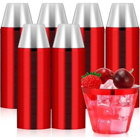 Lot de 50 gobelets de fête à bord rouge, 255 ml, en plastique rigide, réutilisables et élégants, parfaits pour les fêtes, anniversaires, mariages et le camping. (1/5)