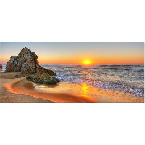 Lupia - Quadro moderno Canvas Prime ORIZZONTE 38x90 cm, Stampa su Tela tema tramonto in spiaggia, Telaio in Fibra di Legno, per soggiorno capezzale camera da letto, ufficio