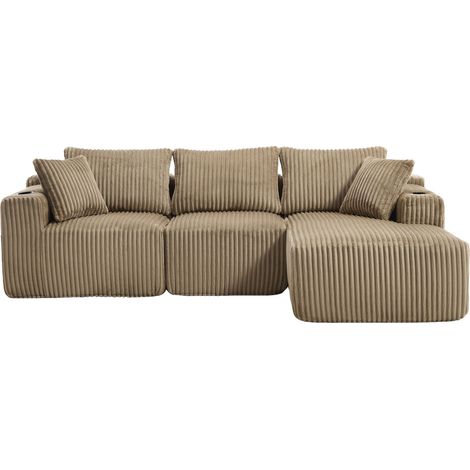 Canapé modulaire avec chaise longue et 2 places en velours côtelé, 5 coussins, poches latérales et porte-gobelets, mousse haute densité (1/5)
