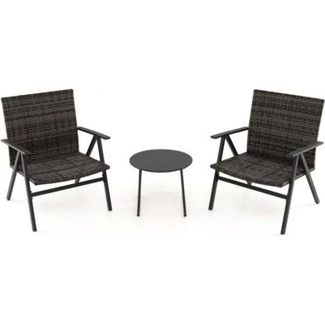 Ensemble 3 Pièces Salon de Jardin Bistrot pour Détente Extérieure 2 Fauteuils Rotin et Table Basse Balcon Terrasse Gris (1/3)