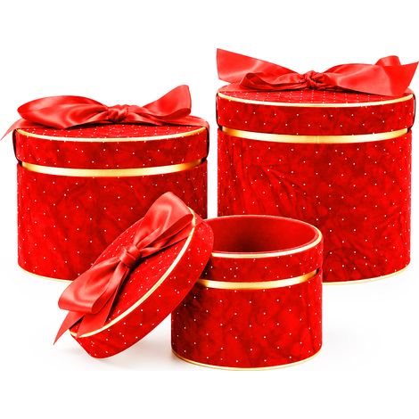 Set 3 Scatole Tonde Decorazione Natalizia Rosso 16/20/25cm Scatola con Fiocco (1/5)