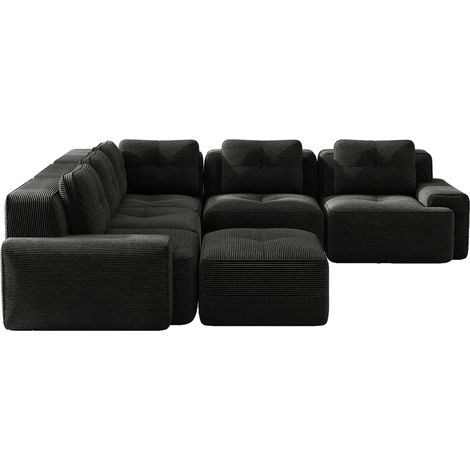 Divano angolare modulare in corduroy nero con chaise longue, senza montaggio, 295 x 295 x 69 cm (1/5)