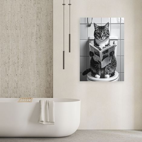 Wandbild Humorvolle Katze liest Zeitung in der Toilette schwarz weiß 70x100 (1/4)