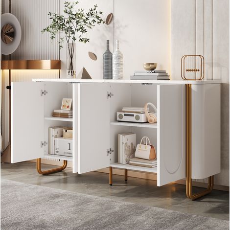 Sideboard 160/35/80,5 cm in Weiß aus MDF mit 4 Push-to-Open-Türen und Eisenfüßen (1/5)