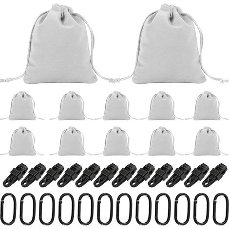 Begonia Lot de 12 sacs de lestage portables pour tonnelle, rideaux d'extérieur, avec 12 mousquetons et 12 clips, sacs de sable gris comme lestage pour tentes, camping, nappes (1/5)