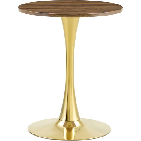 Table d'appoint ronde 60 cm style mid-century, plateau effet bois foncé, pied métal doré, petite table à manger stable et facile à vivre CHICFURN (1/5)