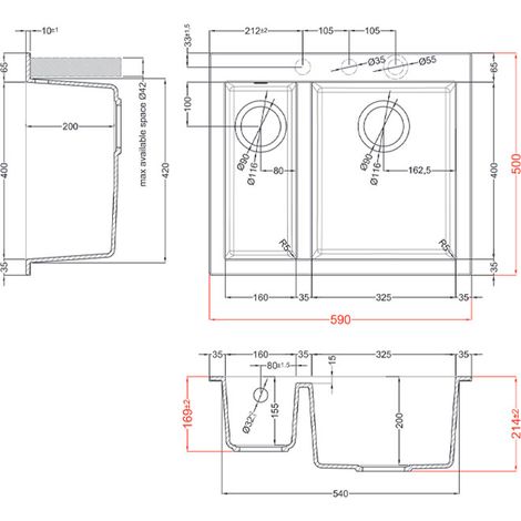 Lavello Elleci Incasso 2 vasche 59x50 Quadra 150 Granitek Nero LGQ15040 (1/6)
