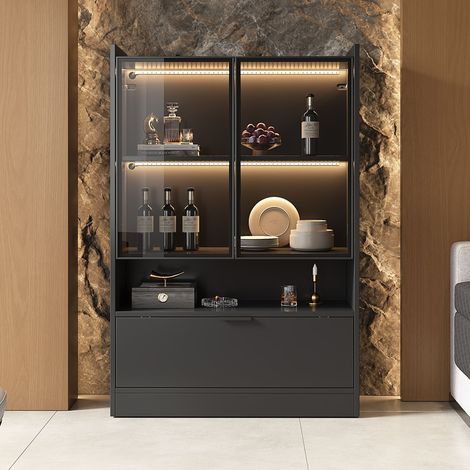 Neche – Vitrine moderne en verre noir mat avec éclairage LED 16 couleurs – Dimensions 120 x 80 x 35 cm – Design contemporain et portes pliantes