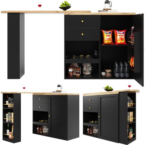 Table de bar tournante 105x39x102 cm avec 2 tiroirs, meuble à porte coulissante et 3 étagères ouvertes, parfaite pour salon/salle à manger/bureau (1/4)