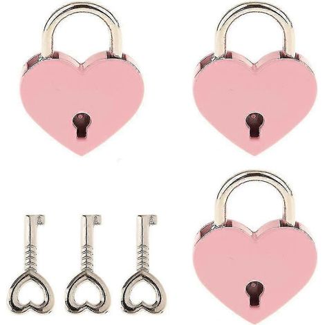 Mini cadenas avec clé – Petit cadenas en métal en forme de cœur pour boîtes à bijoux, agendas, etc. – Rose, lot de 3 (1/5)