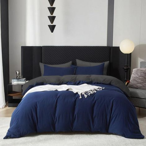 Bettwäsche-Set 200x200cm 3-teilig Baumwolle Blau Dunkelblau Grau Wendebettwäsche mit Reißverschluss