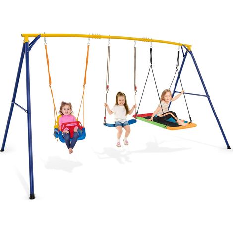 GOPLUS Portique Balançoire Extérieur Enfants 3-10 Ans 3 Places Charge 300 kg-Ceinture Réglable/Balançoire Surf/Siège Balançoire (1/5)