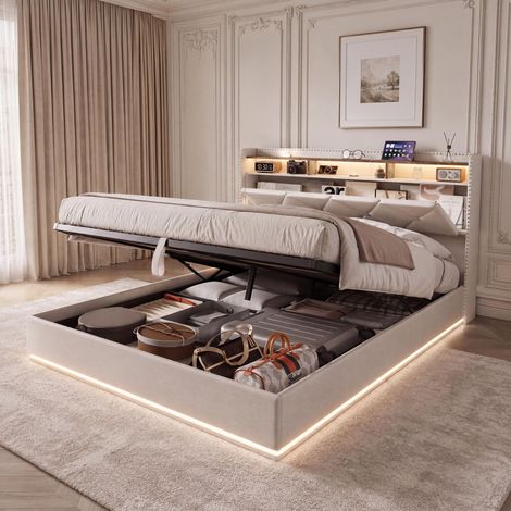 Letto matrimoniale contenitore 160 x 200 cm con LED RGB e porte USB, struttura imbottita rivestita in tessuto effetto lino e testiera con vano portaoggetti, beige (1/5)