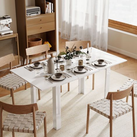 Tavolo da pranzo allungabile, 120-160 x 70 cm, tavolo da cucina regolabile per 4-6 persone, MDF, bianco lucido