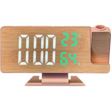 Réveil LED en bois avec projection de l'heure, affichage température et humidité, réglage de luminosité