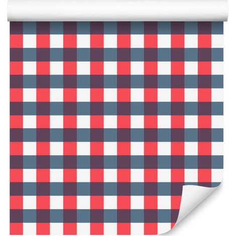 Papel pintado a cuadros azul marino, rojo, blanco y coral para salón y dormitorio, 50x1000 (1/4)
