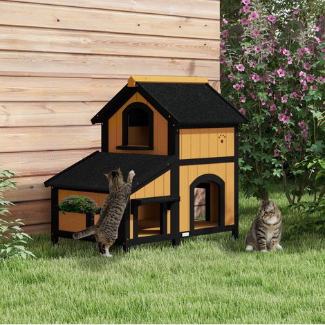 Casa para gatos de exterior 96 x 65 x 85,5 cm de madera amarilla, 2 pisos - MEUBLIV (1/5)