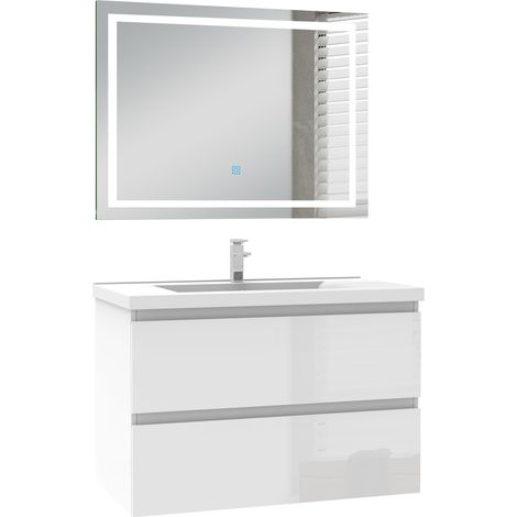 Ocean Ensemble de Meuble de salle de Bain 79cm Blanc Haut Brillant avec Miroir LED, colonne 110 cm (1/5)