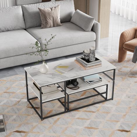 BLANKETSWARM - Lot de 2 tables basses gigognes – Plateau en bois effet marbre PVC – Pieds en métal – Style industriel, Noir (1/5)