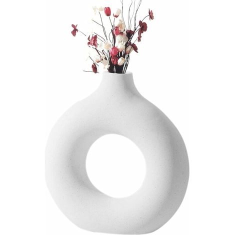Modern Nordic Style Ceramic Vase Round Shape Donut Design Hollow Round Beige White Ceramic Vase Ceramic Flower Vase for Decorating Living Room Desktop Table (Small)