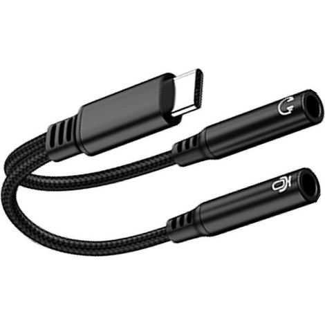 Câble adaptateur audio USB-C vers double prise jack 3,5 mm, connecteur femelle pour casque, connecteur auxiliaire pour voiture, compatible avec les accessoires home cinéma, noir. (1/5)
