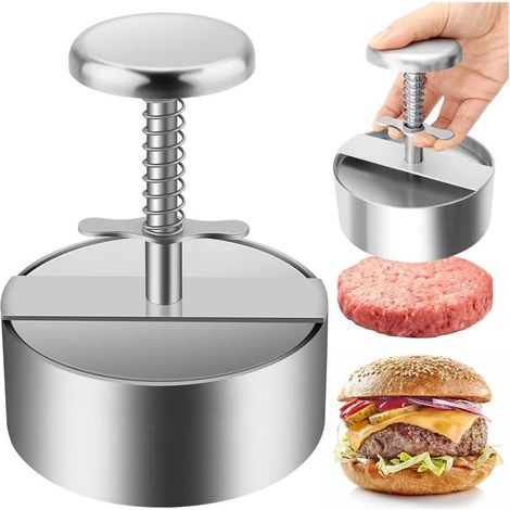 Prensa para hamburguesas de acero inoxidable con botón pulsador para hamburguesas, tortitas de patata, sushi, etc. Color gris, 140 mm. (1/5)