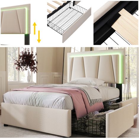 Lit Simple 90x200 avec 2 Tiroirs, LED et Tête de Lit Réglable, Lin Beige (1/4)