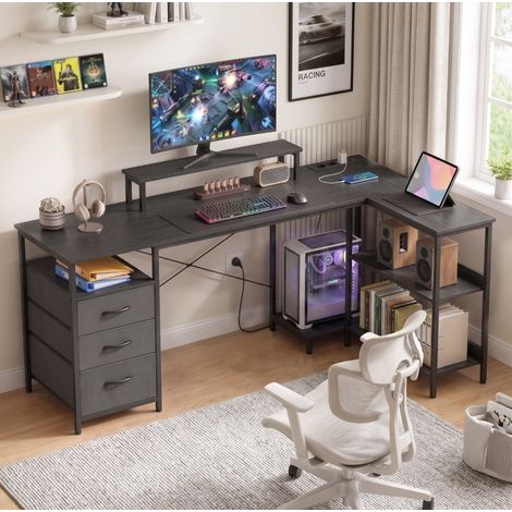 Bureau d'angle réversible 170 x 100 x 91 cm avec rangements et prise USB Type-C, bois et métal noir (1/5)