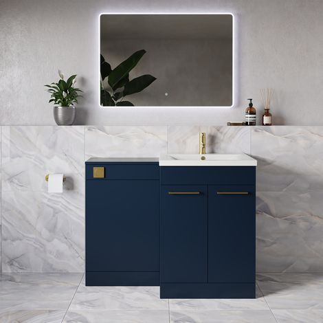 Napoli 460 Deep Blue 1100mm 2 Door Vanity Unit Toilet Suite with Glide Basin - 1100mm - Brushed Brass 160mm HandleWithout Kingston Toilet Pan