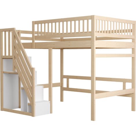 Lit mezzanine enfant 140x200 avec escalier de rangement et garde-corps haut en bois naturel MODENUIT (1/5)