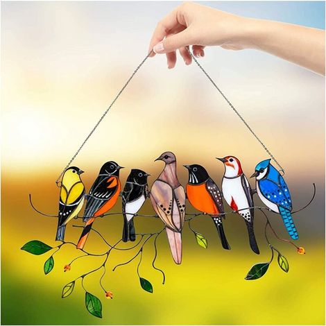 VURAHOME - Oiseaux sur un fil teinté haut panneau de fenêtre Suncatcher, Suncatcher suspendu vitrail fenêtre, ird Serie Ornements Décoration de la maison, Geschenke für Vogelliebhaber (A) (1/5)