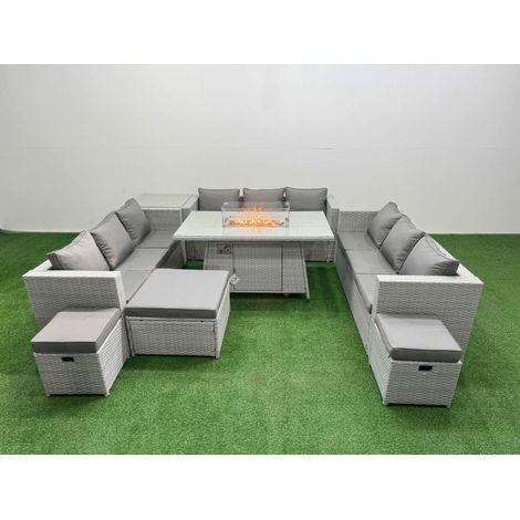 Fimous PE Rattan Lounge Sofa Set Outdoor Garden Furniture Set with Firepit Dining Table 3 Seater Sofa Side Table 3 Stools Light Grey (1/5)