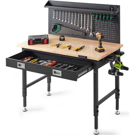 VEVOR Postazione di lavoro  Oak-Top, altezza regolabile 28-39,5", base robusta in acciaio al carbonio, supporta fino a 2000 libbre, superficie 48x24", dotata di cavo da 3 m e 30 ganci per lorganizzazi