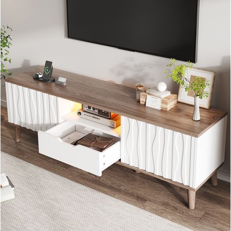 TV-Lowboard 160x40x52 cm Weiß und Dunkelwalnuss MDF mit RGB-LED, Schiebetüren und Kabelmanagement (1/5)