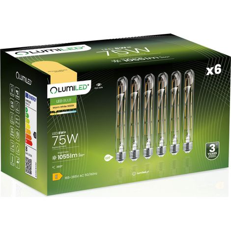 6x LED-Lampe E27 Röhrenform T30 8W = 75W 1055lm 3000K warmweiß 360° Glühfadenbeleuchtung