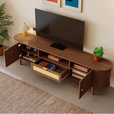 Mobile TV 175x36x51 cm, ante arrotondate e cassetti, noce, pannelli in legno e metallo FloraGrace (1/5)
