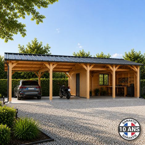 Carport bois douglas 40 m² – Structure 2 pentes – 6 poteaux fixes – Hauteur de passage 2,10 m – Abri voiture extérieur – Garantie 10 ans – Cpbf (1/5)