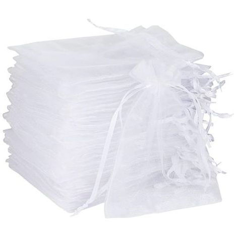 50pcs Sacs Organza,9x12cm Sachets Pochettes Cadeau en Organza avec Rubans Sac à Bijoux Sachets pour Lavande Sacs de Bonbons Faveur Présent Sacs pour Anniversaire Baptême Fête Décoration Mariage,blanc (1/5)