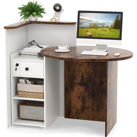 COSTWAY Comptoir Caisse avec Tiroir Verrouillable, Petit Accueil Comptoir pour Vente, Plateau Ovale, Étagère Réglable, Bureau de Reception pour Hôtel, Boutique, 120 x 70 x 100 cm (Marron Rustique) (1/5)