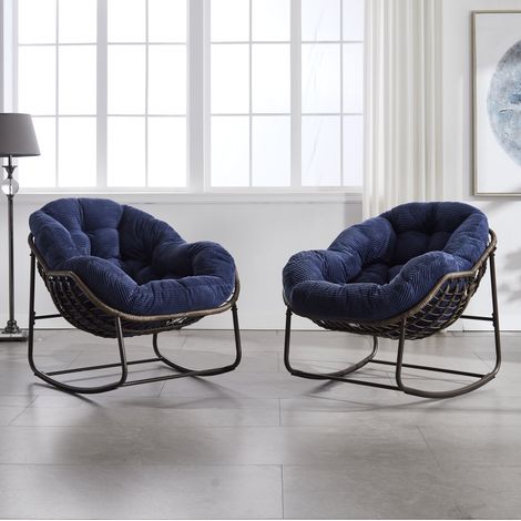 Chaise à bascule en rotin d’extérieur avec coussins, 78 x 106 x 90 cm, bleu marine (1/5)
