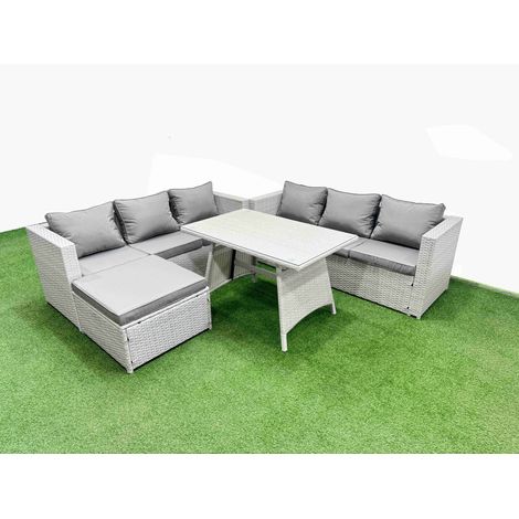 Fimous Rattan Garden Furniture Dining Set 7-seater Patio Rectangular Table 3 Seater Sofa Set with Big Stool Light Grey (1/4)