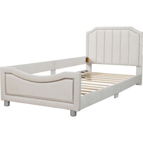 Cama infantil tapizada 90 x 200 cm beige con somier de listones de madera y sofá cama (1/5)